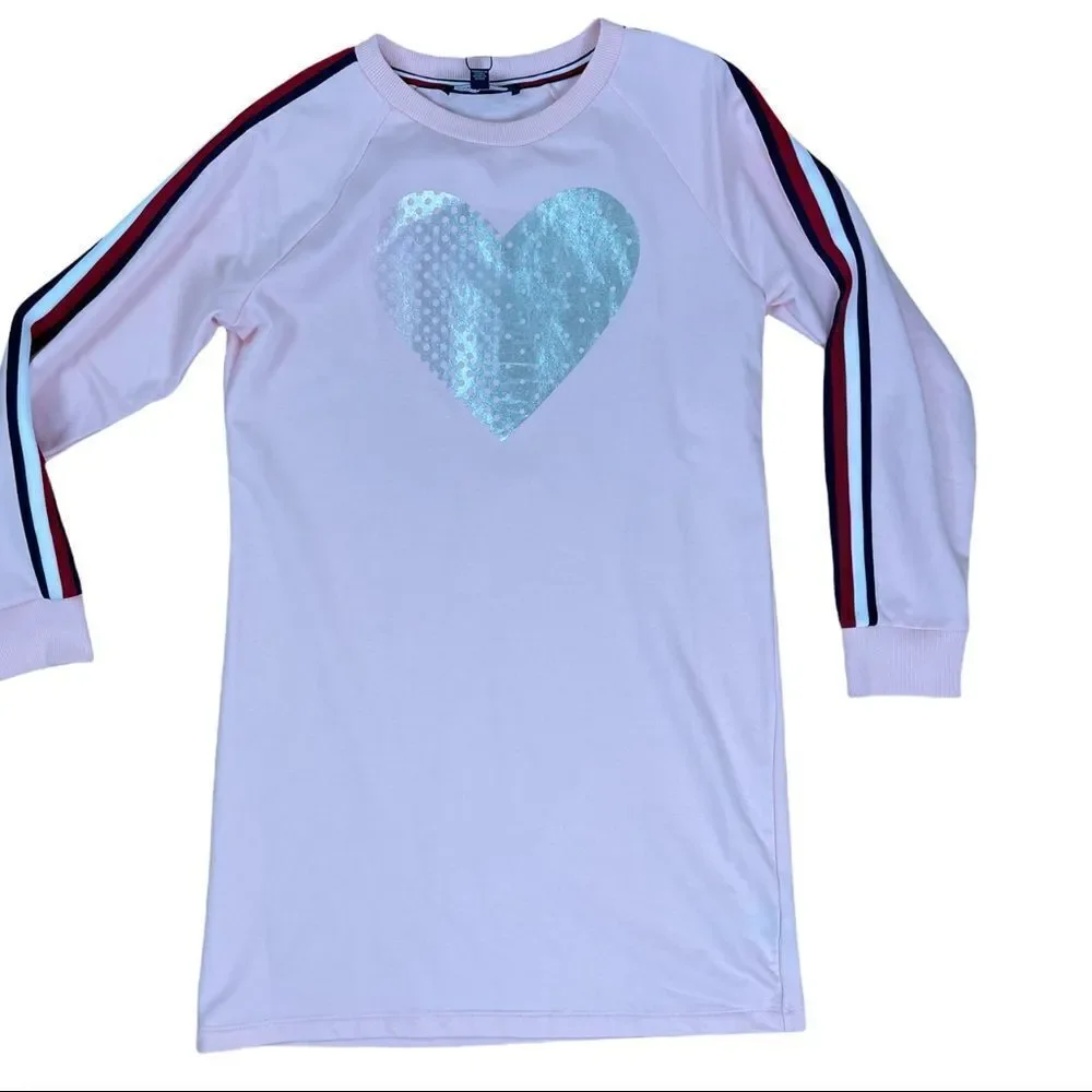 NWT Tommy Hilfiger Pink Metallic Heart Sweatshirt Dress Long Sleeves Sz M Y2K